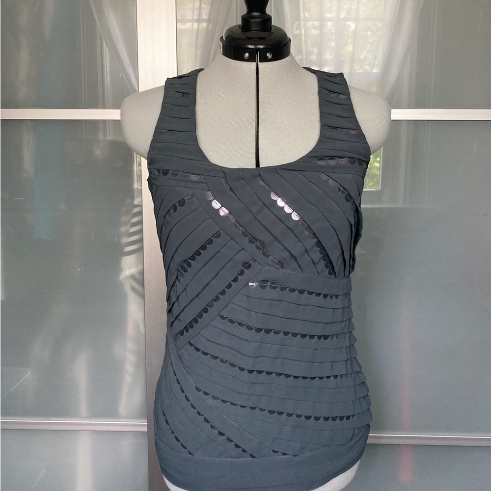 Ann Taylor Women’s sequin trim, fitted sleeveless top, grayish blue, XS